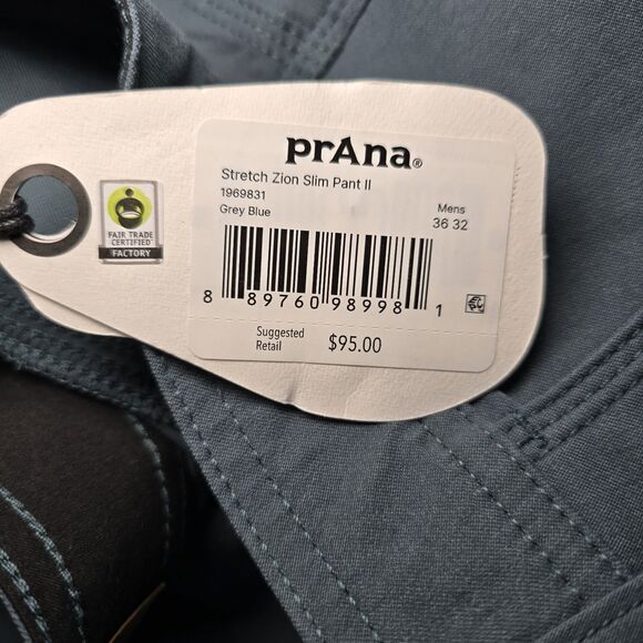 prAna Stretch Zion Slim Pant 2 Men’s 36x32 Grey Blue Water Repellent Hiking New - Picture 4 of 13